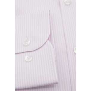 Camicia Uomo 1 Bottone Italiano Slim Popeline Riga Media Rosa/Bianco
