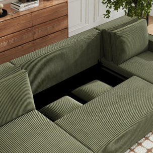 LUBEC Canapé panoramique convertible 6 places avec coffre en velours côtelé vert