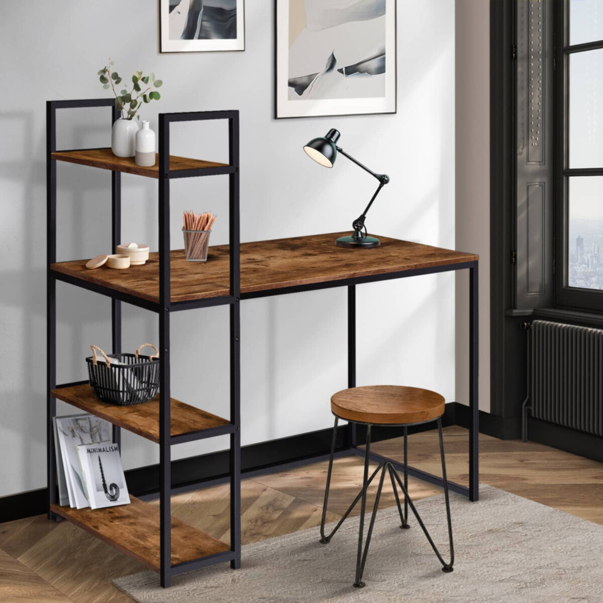 Bureau bibliothèque 2 en 1 Elize en bois et métal