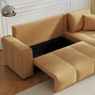 WORTHING Canapé d'angle convertible 4 places avec coffre en velours jaune