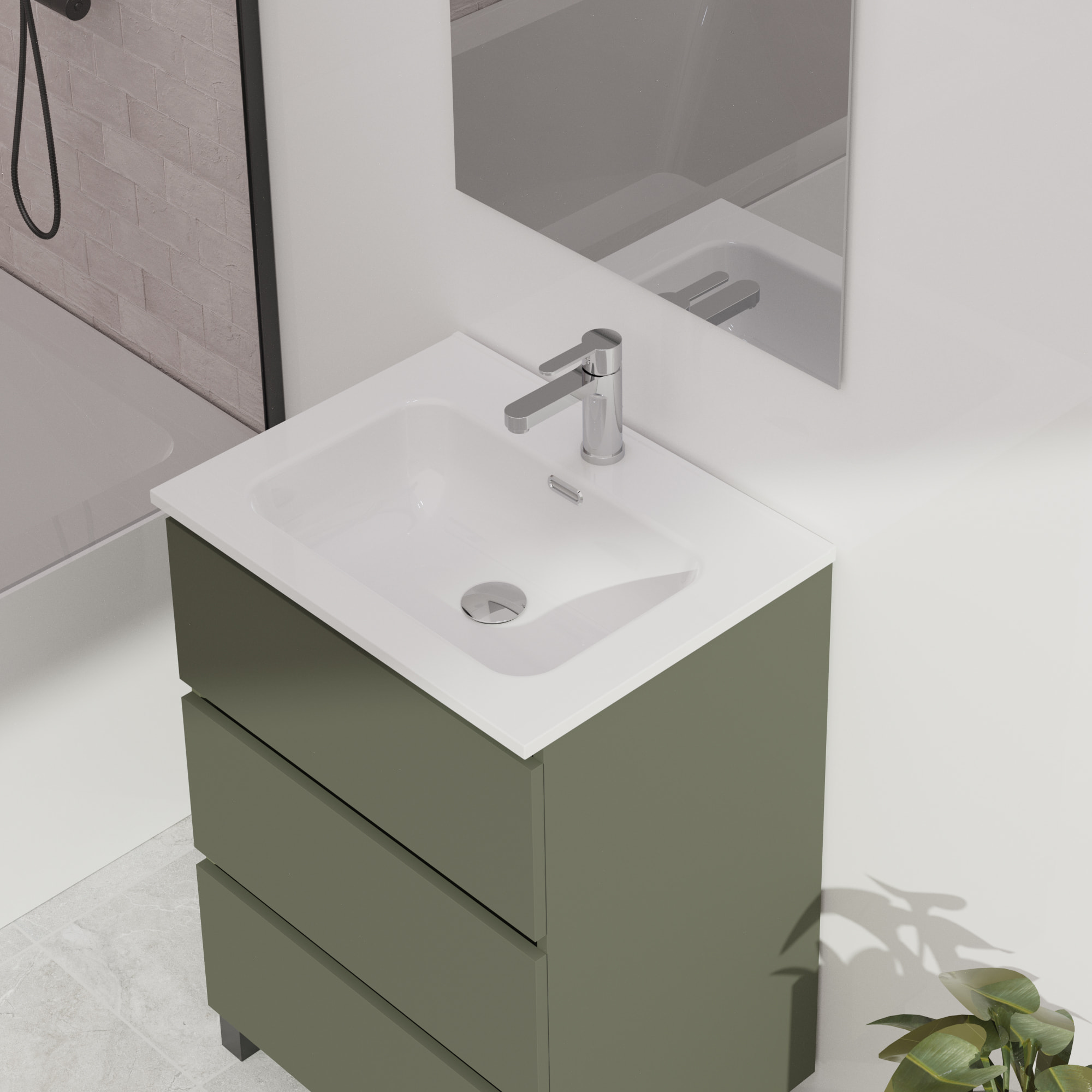 Conjunto de baño Wink | 70 cm Verde Musgo | Tres cajones | Lavabo encastrado | No incluye espejo | Mueble montado | Alday