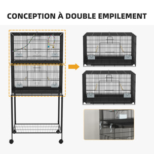 Double cage à oiseaux sur roulettes - étagère, plateau déjection, 4 perchoirs, 4 mangeoirs, poignée - dim. 77L x 46l x 164H cm acier noir