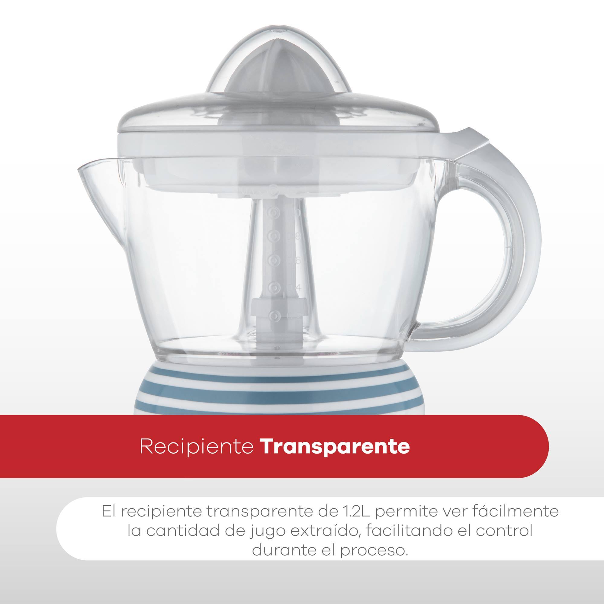 exprimidor de 40w de potencia - capacidad de 1.2 litros - arranque y parado automático - 2 conos para 2 tipos fruta