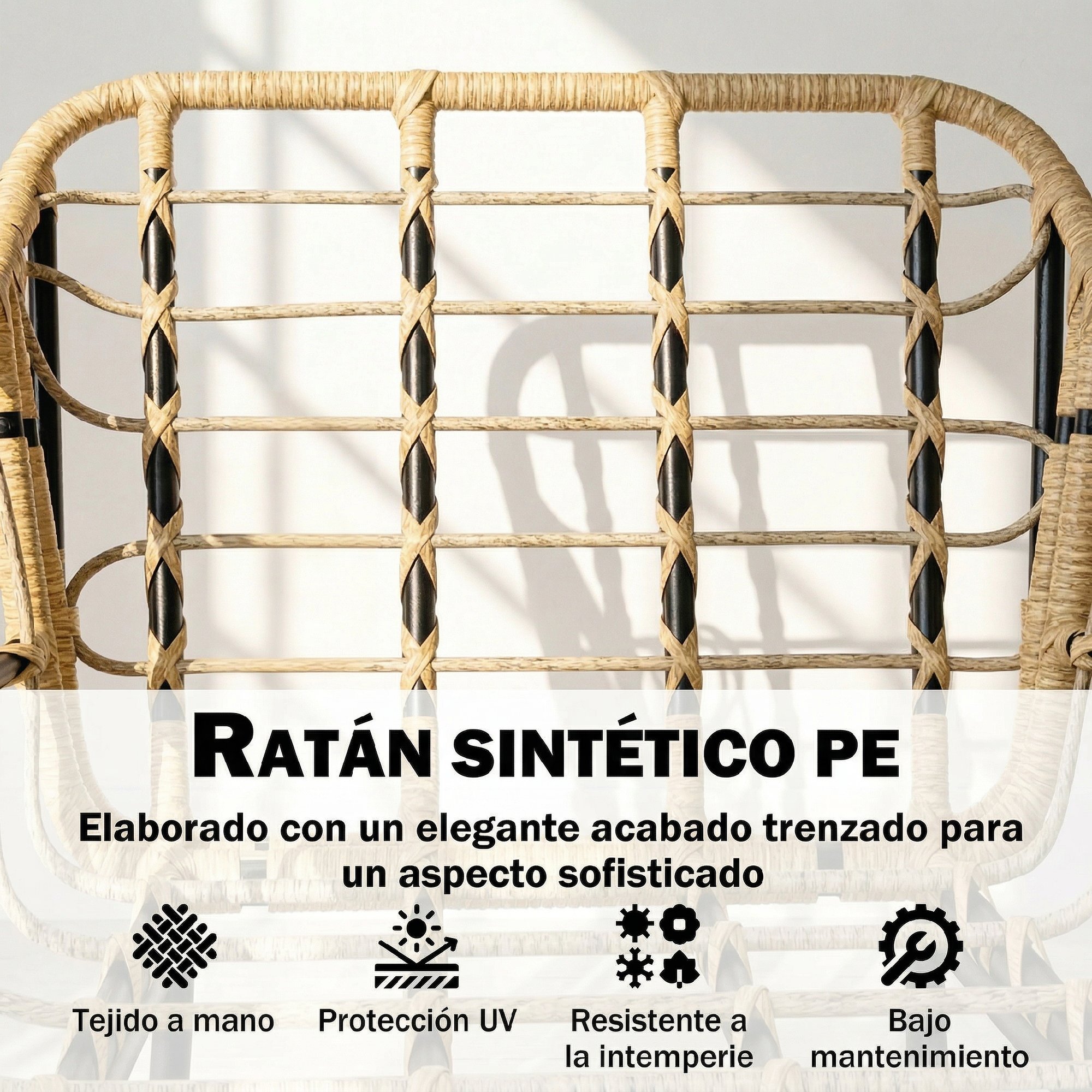 Conjunto de Jardín Exterior de 3 Piezas, Muebles Jardín Exterior de Ratán PE, 2 Sillas con Cojines Suaves y Mesa de Vidrio Templado, Resistente a la Intemperie, para Balcón, Patio, Caqui