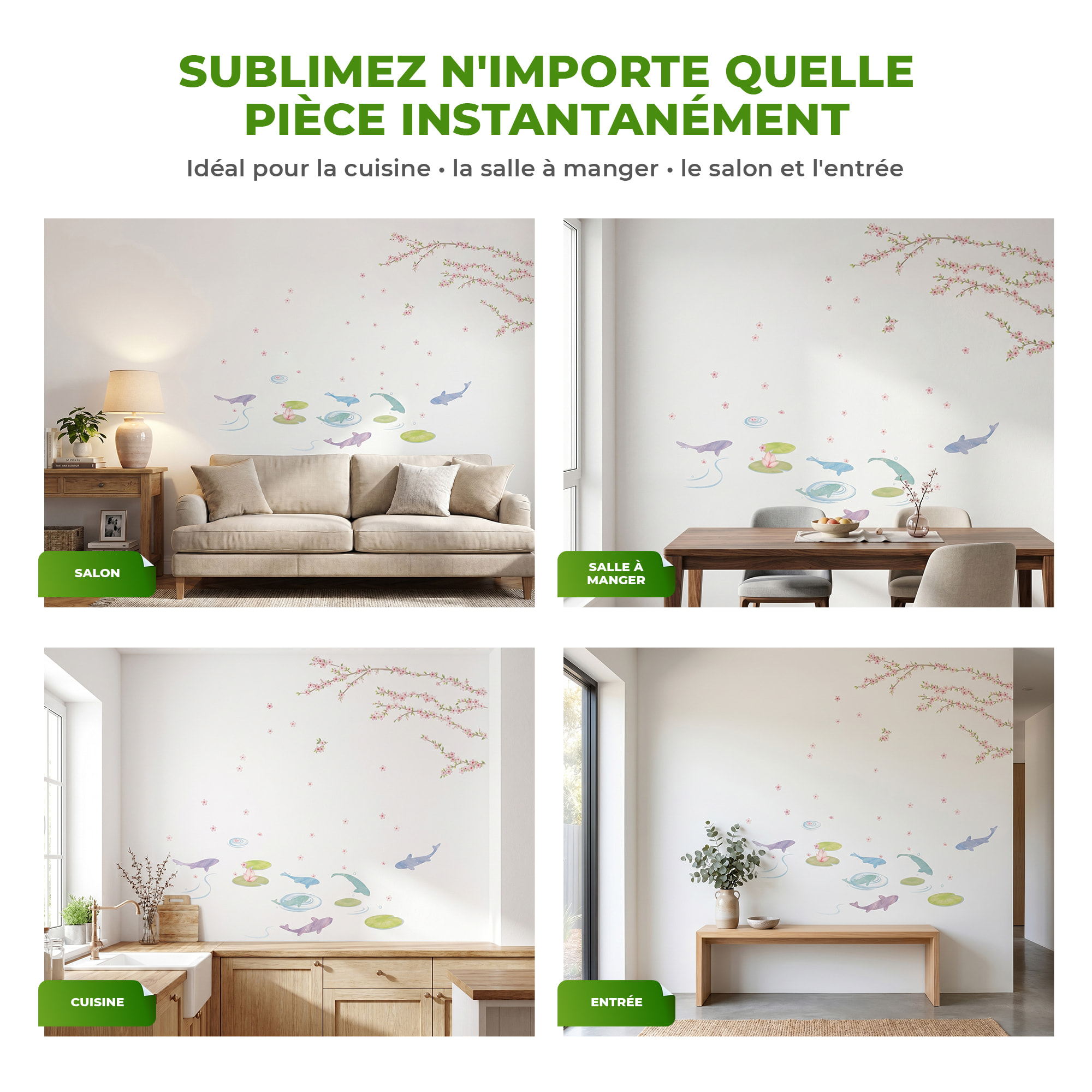 Stickers Muraux décoration adhésifs fleurs, nénuphares et poissons