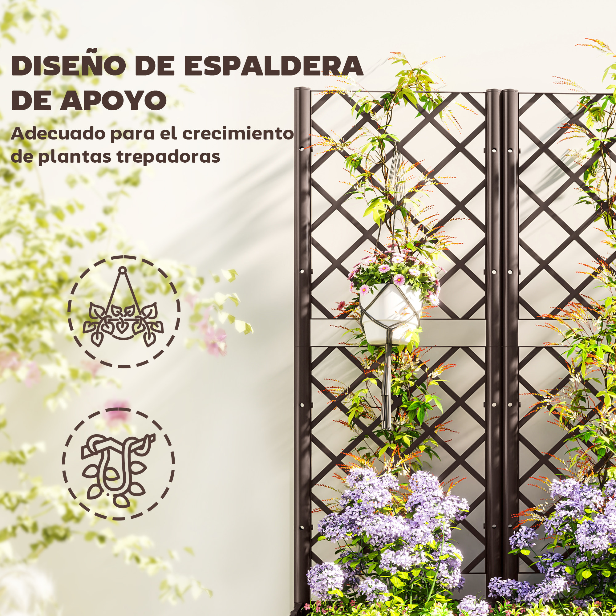 Jardinera con Enrejado de PP Jardinera Exterior Grande con Drenaje y Amplio Espacio para Plantas Trepadoras Macetero con Soporte para Jardín Patio Terraza 120x40x135 cm Marrón