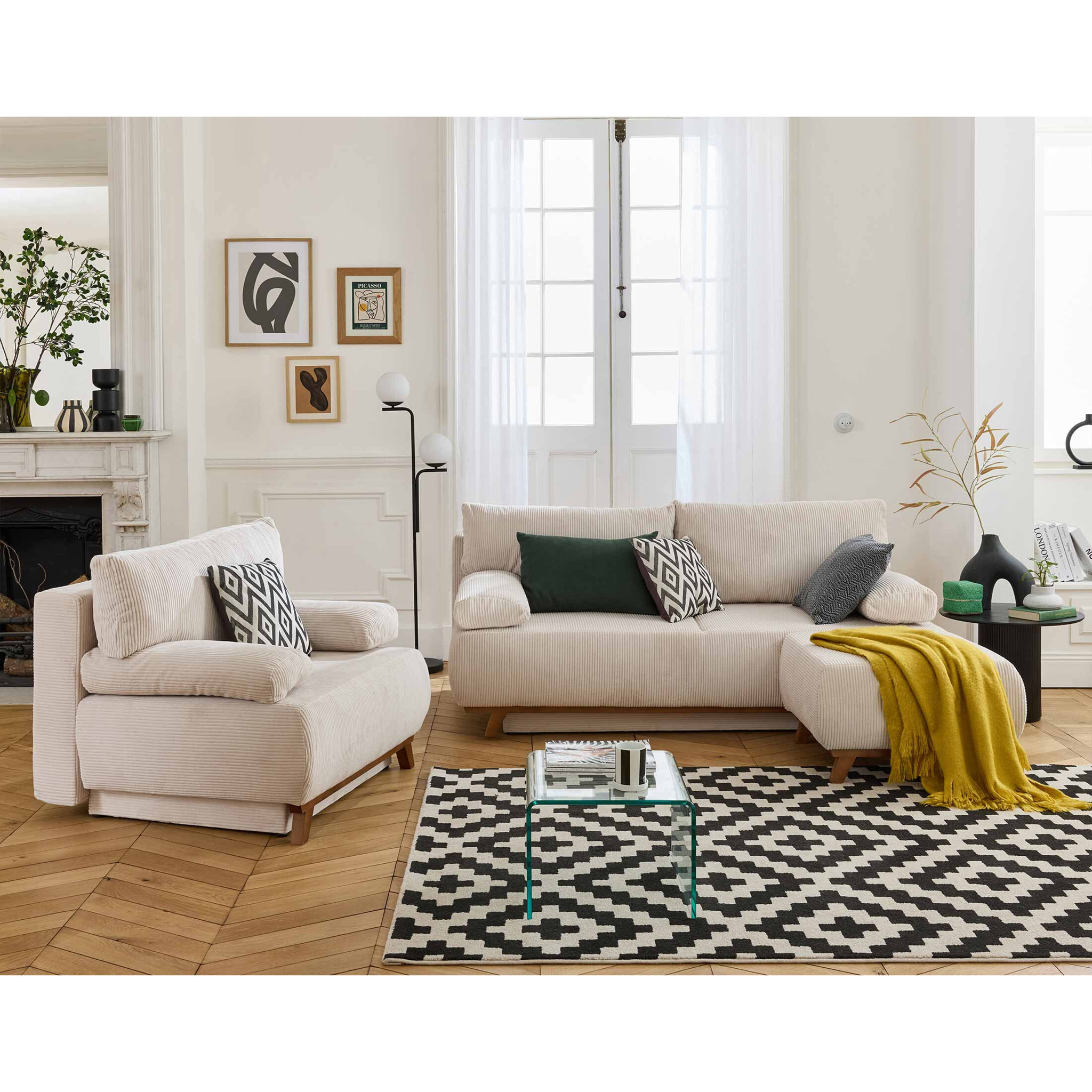 Cristal - canapé 3 places - convertible avec coffre et pouf - en velours côtelé - Beige
