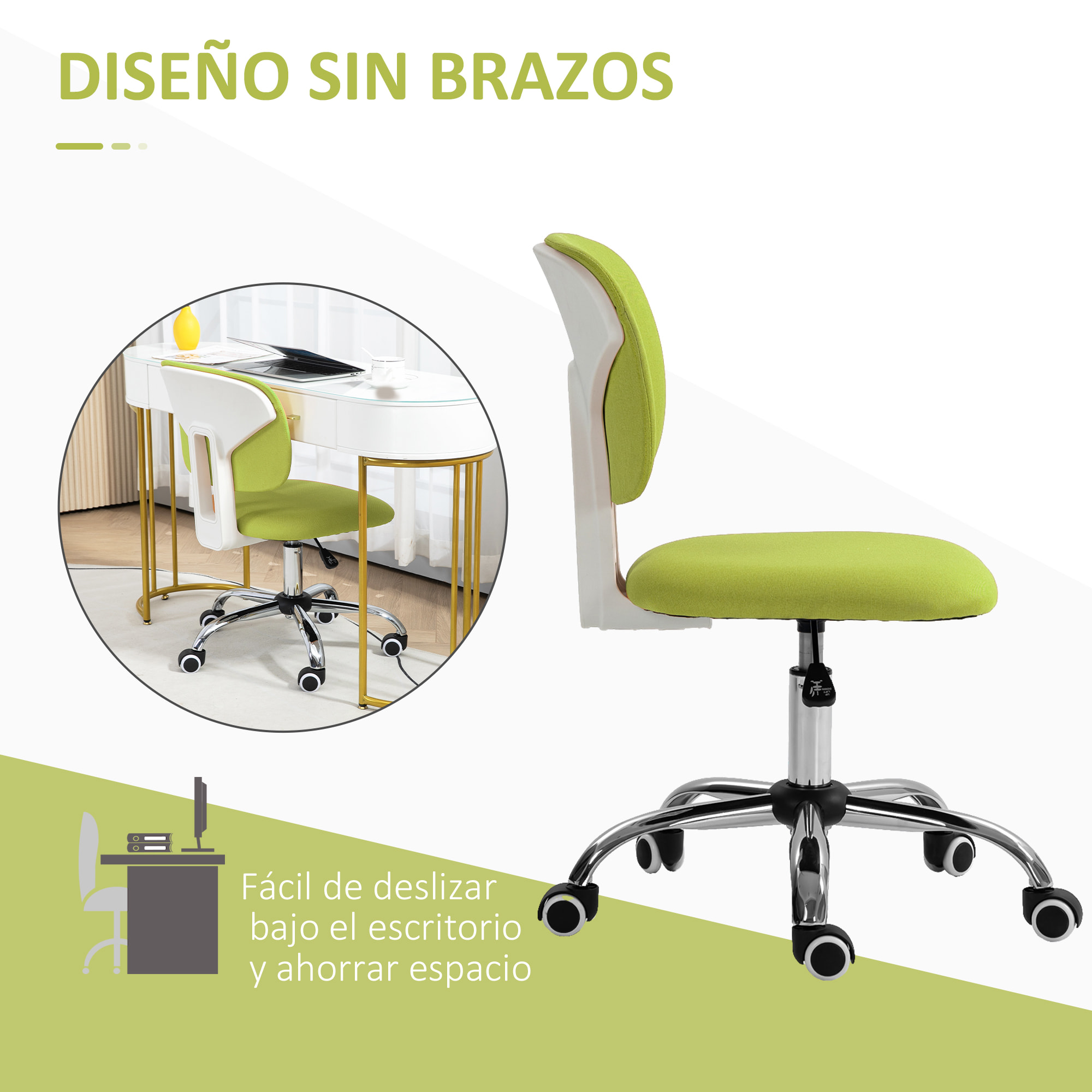 Silla de Oficina sin Brazos Silla de Escritorio Giratoria Tapizado de Tela con Altura Ajustable Estilo Moderno Carga 120 kg 48x53x80-90 cm Verde Lima