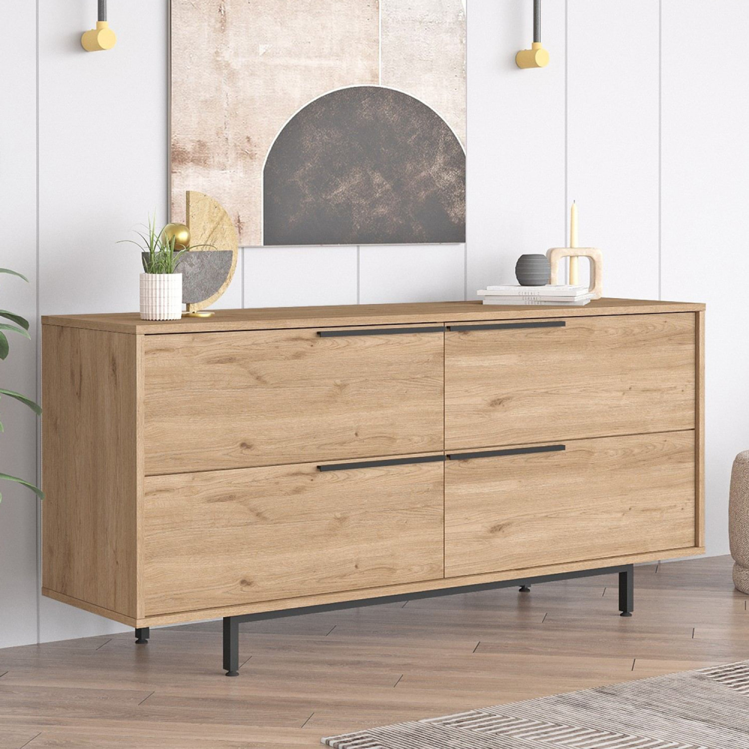ELIO Buffet 4 portes finition bois et métal noir 160x75cm