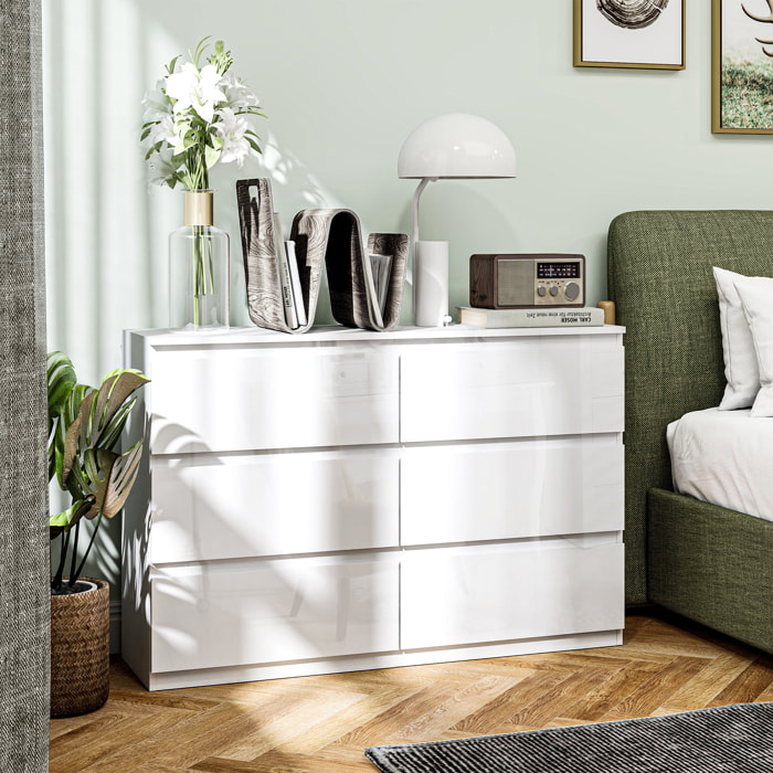 Cómoda con 6 Cajones Cómoda de Dormitorio Moderno con Diseño Anti-vuelco Cajonera para Salón Pasillo 112x34x75 cm Blanco Brillo