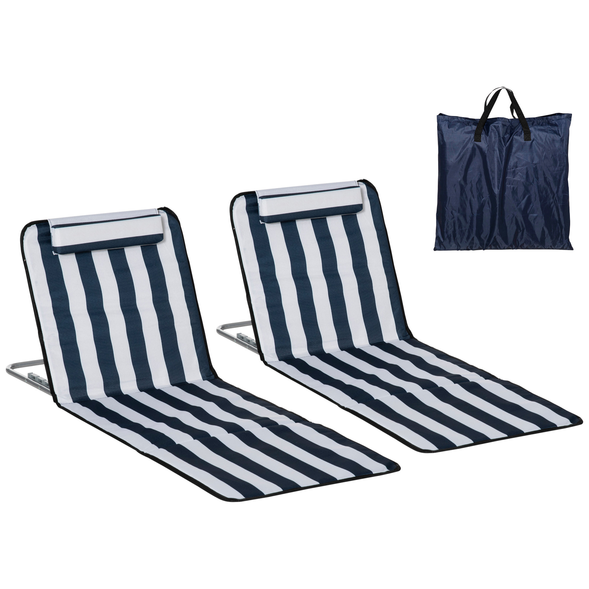 Conjunto de 2 Esterillas de Playa Plegables, Esterillas con Respaldo Reclinable en 5 Niveles, Reposacabezas y Bolsa de Transporte, 134x48x33-43 cm, Rayas Blanco y Azul