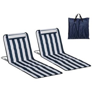Conjunto de 2 Esterillas de Playa Plegables, Esterillas con Respaldo Reclinable en 5 Niveles, Reposacabezas y Bolsa de Transporte, 134x48x33-43 cm, Rayas Blanco y Azul