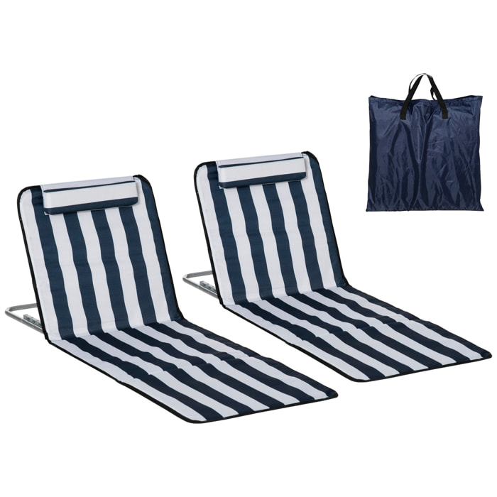 Conjunto de 2 Esterillas de Playa Plegables, Esterillas con Respaldo Reclinable en 5 Niveles, Reposacabezas y Bolsa de Transporte, 134x48x33-43 cm, Rayas Blanco y Azul