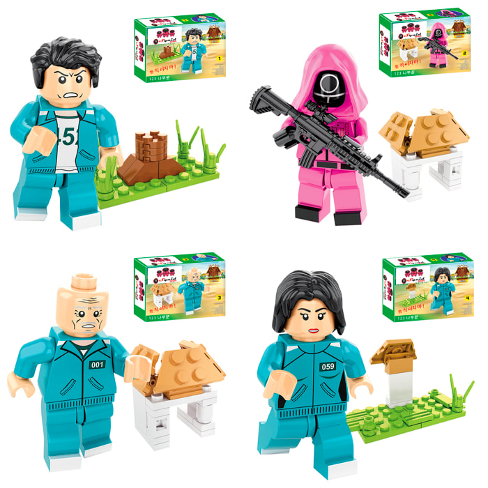 Espositore 16 pcs. Set 8 personaggi Squid. Blocchi di costruzione 39-45 pezzi compatibili. 2 unità di ogni personaggio.