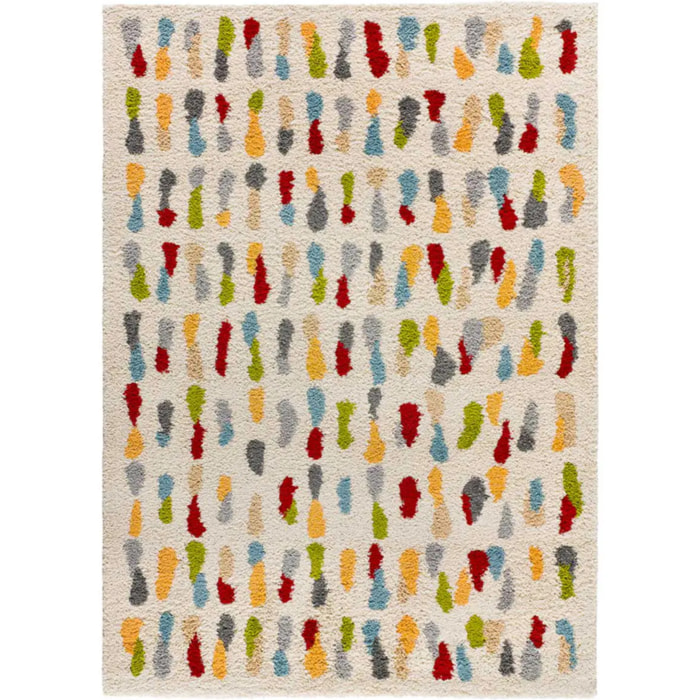 BREMEN Alfombra shaggy geométrica en blanco y motivos multicolor, varias medidas disponibles