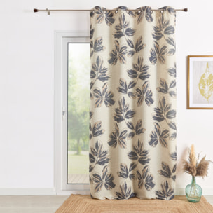 Rideau poly-lin imprimé fleur aquarelle - Bleu Encre