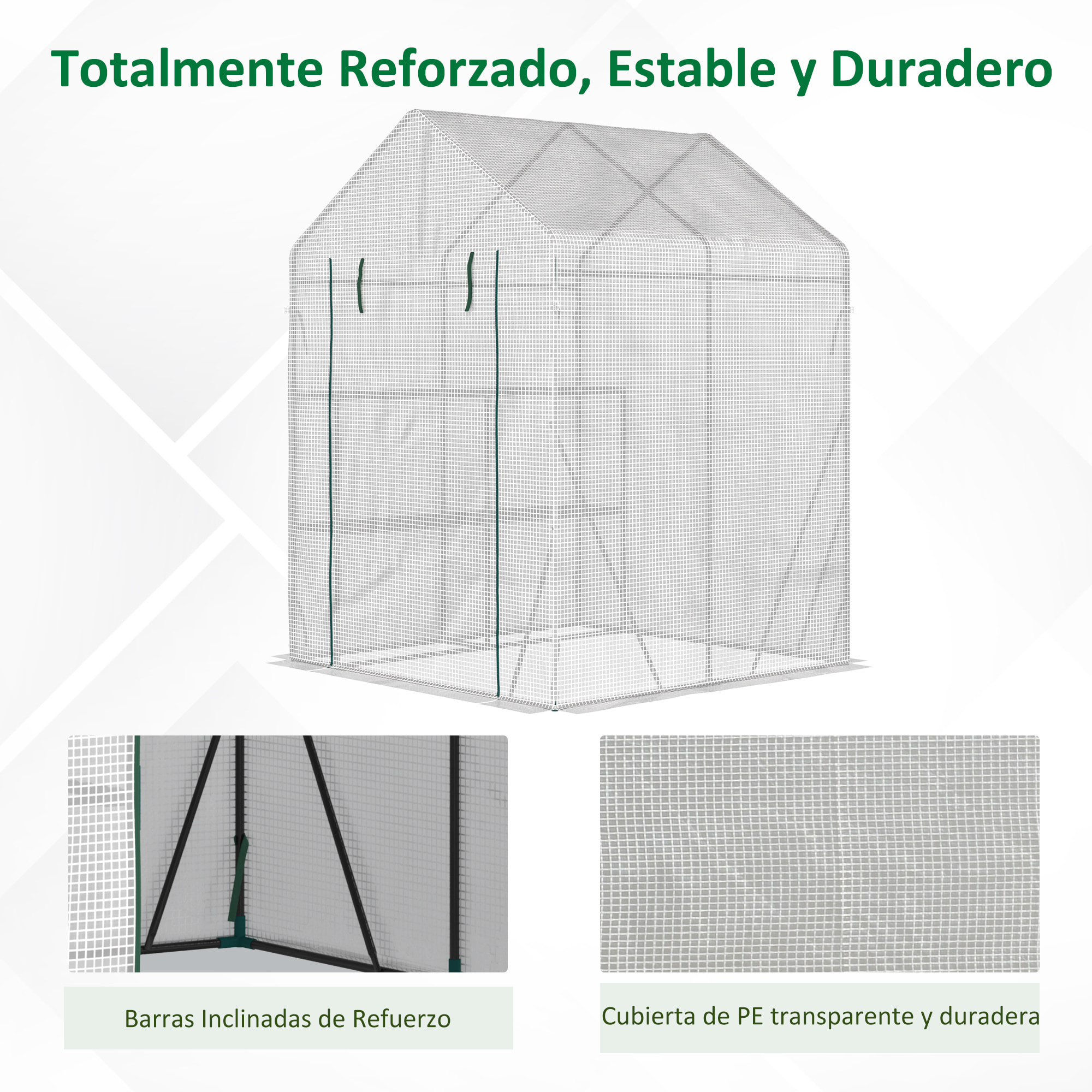Invernadero de Exterior Invernadero Pequeño con 4 Estantes Puerta Enrollable con Cremallera y Marco de Acero Invernadero para Cultivos Plantas Flores 143x143x195 cm Blanco