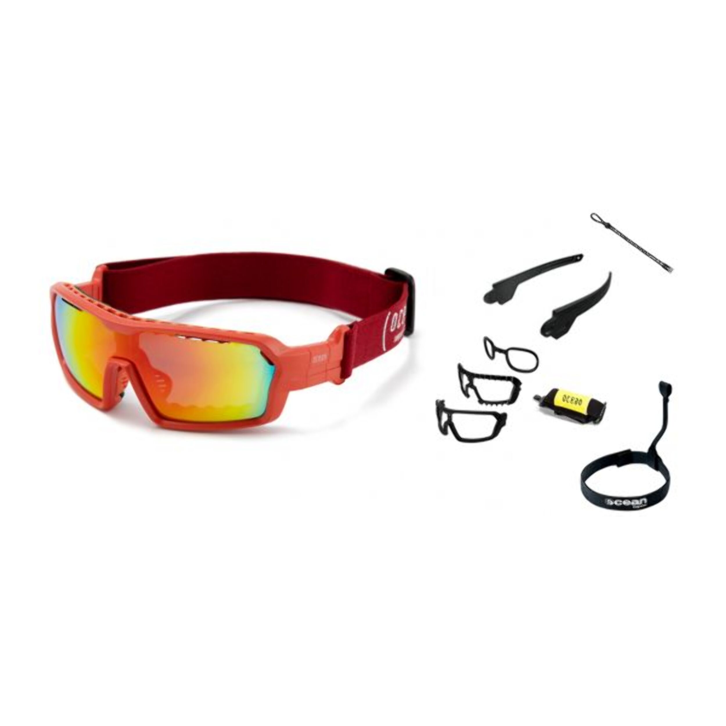 Gafas de deportes acuáticos OCEAN CHAMELEON - Rojo mate / Revo roja con plaquetas puntas y espuma rojas con correa roja
