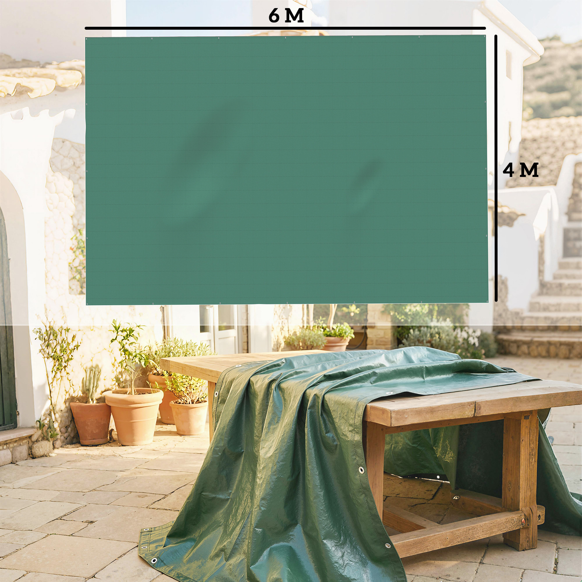 Lona Impermeable Exterior 4x6 m, Toldo PE Resistente a Rasgaduras 90 g/m², Protección UV, con Ojales Reforzados para Leña, Muebles de Jardín, Invernaderos, Vehículos, Verde