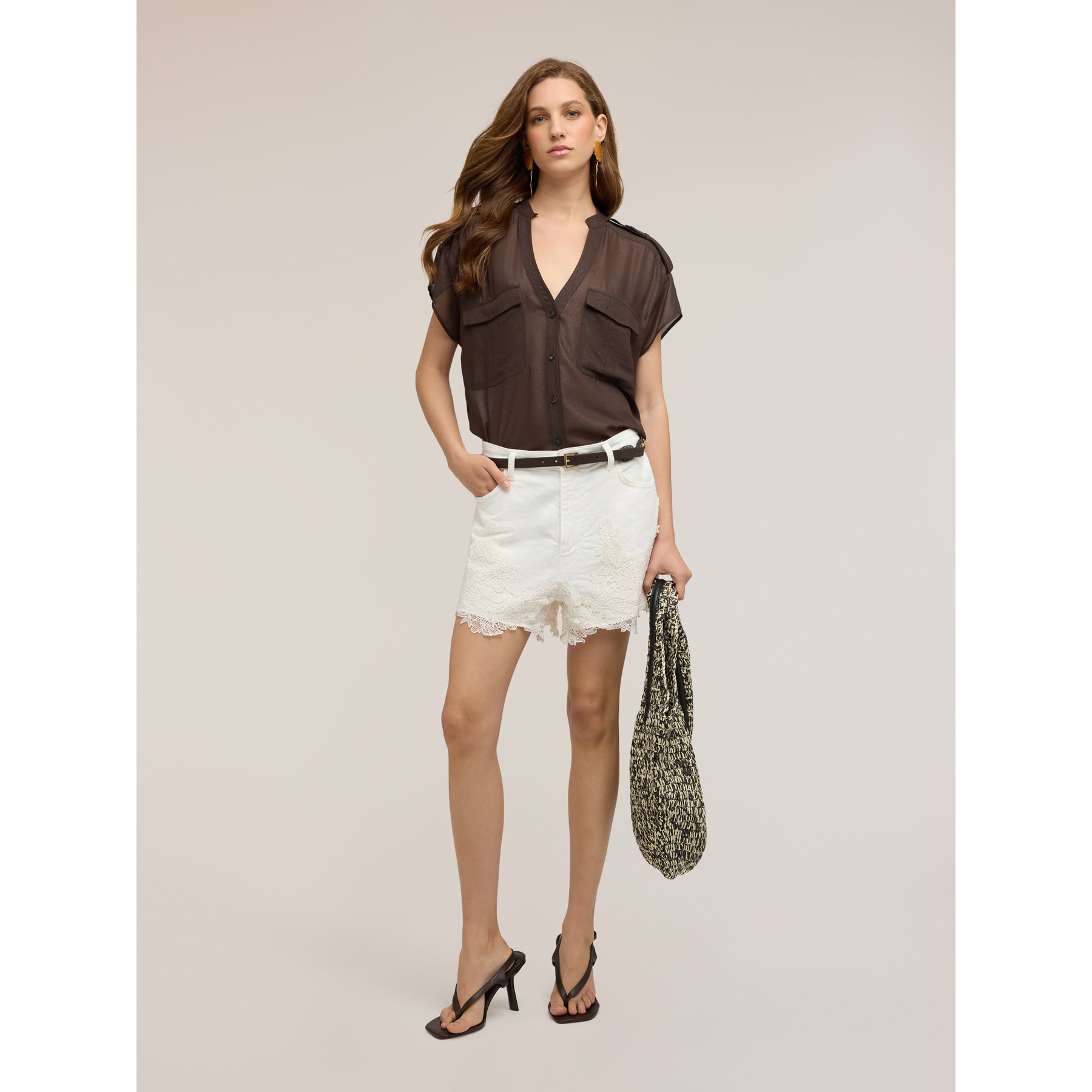 Motivi - Camicia in georgette laminata con tasche - Marrone