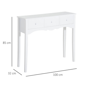 Mueble Mesa Recibidor Entrada Tocador Consola con 3 Cajones 100x32x85cm Blanco