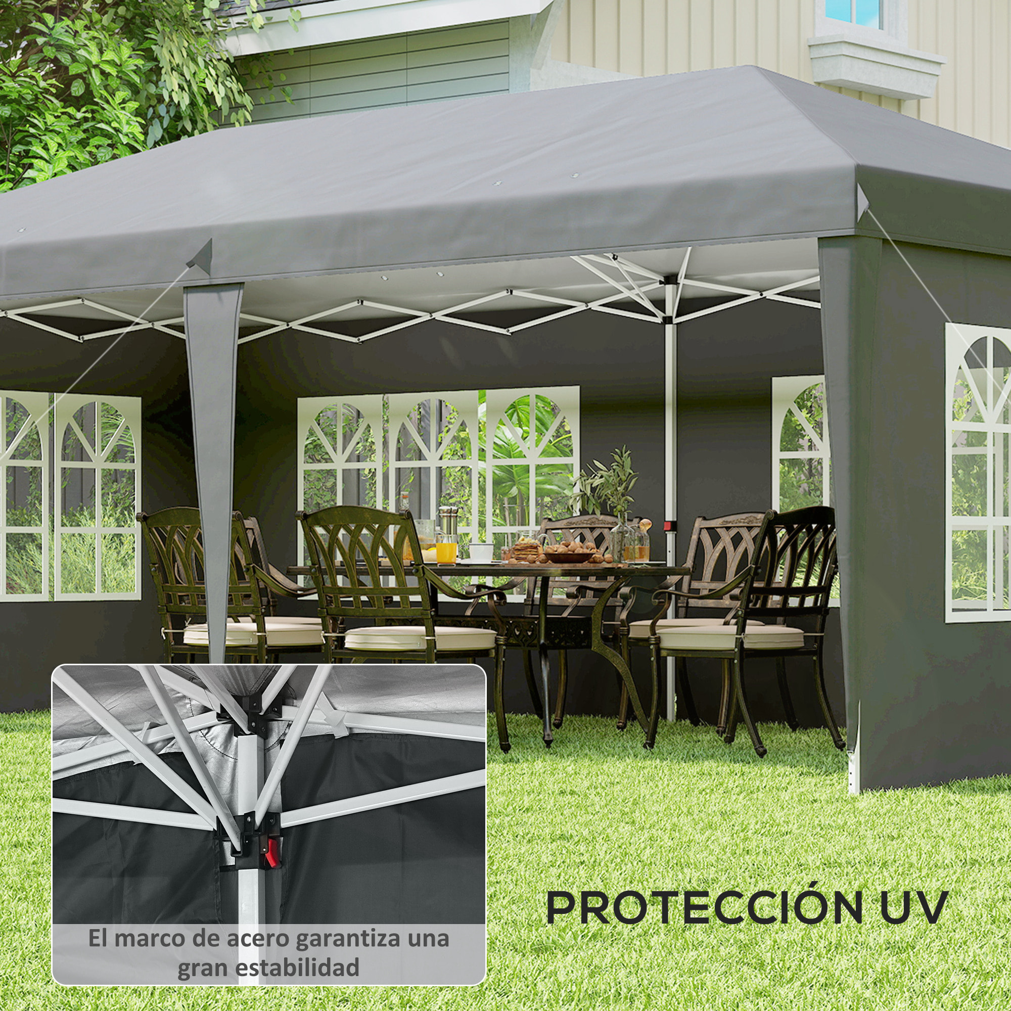 Carpa Plegable 6x3 m, Pop-up, con 4 Laterales Desmontables, Cenador de Jardín con 4 Ventanas Visibles y Bolsa de Transporte, Impermeable, Anti-UV, Gazebo para Camping, Fiestas, Exterior Gris