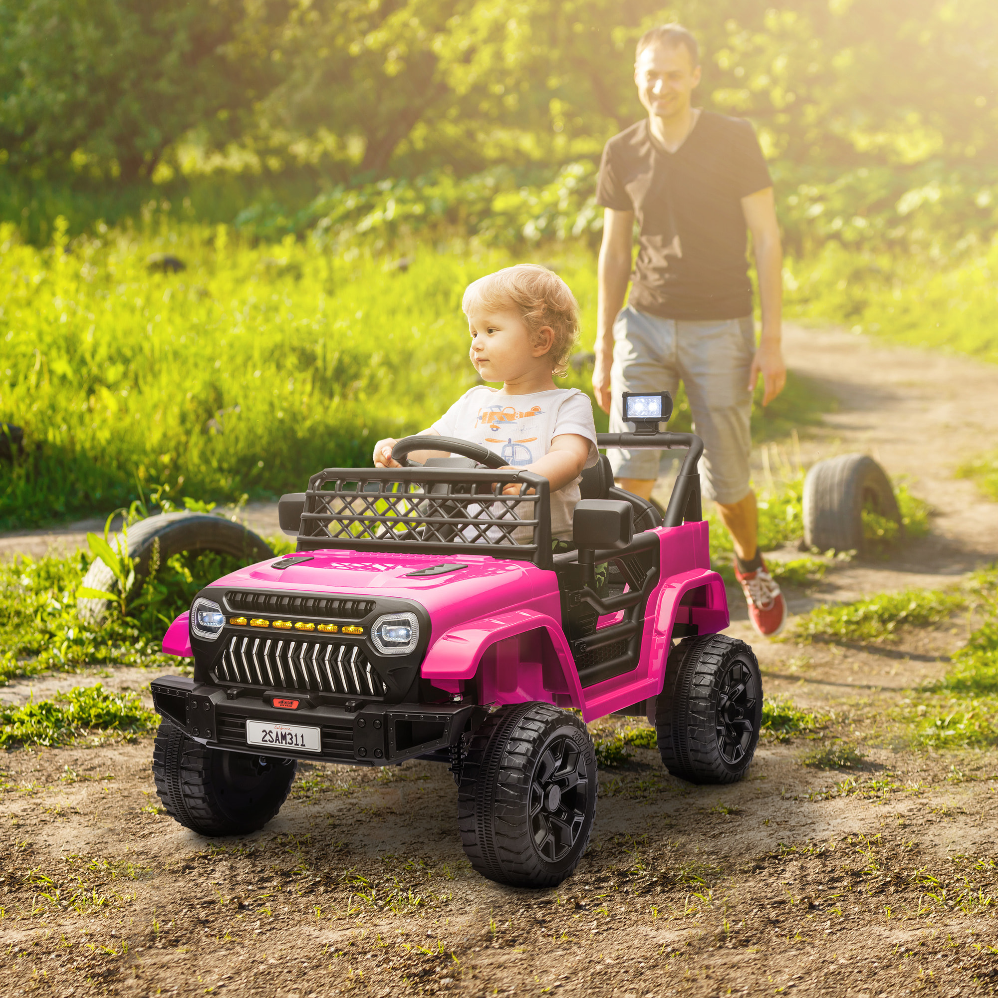 Coche Eléctrico para Niños de +3 Años Coche Eléctrico Infantil de Batería 12V con Mando a Distancia Velocidad Ajustable USB Faros Bocina Rosa Fucsia