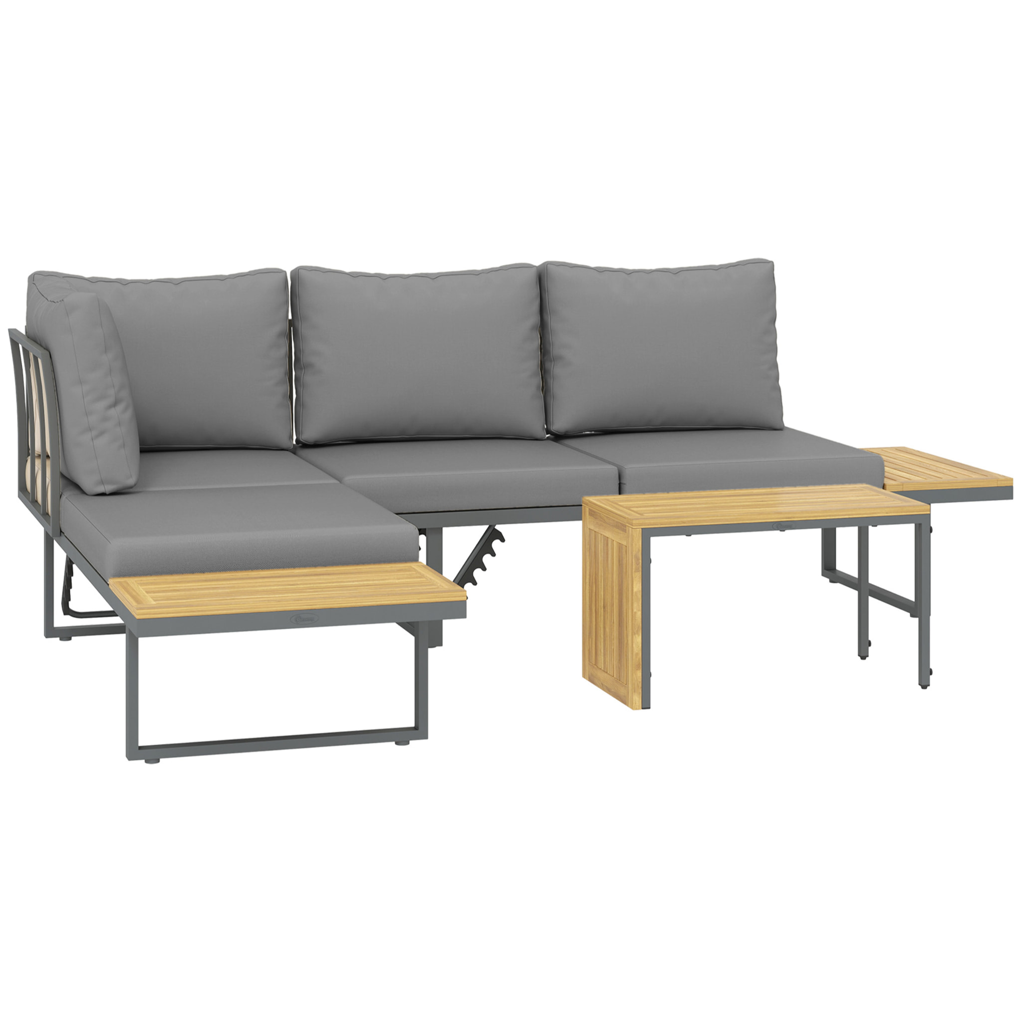 Ensemble salon de jardin 4 places modulable réglable avec table basse acier gris bois d'acacia verni
