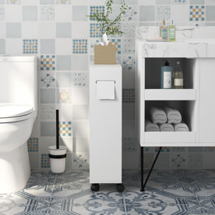 Mueble Auxiliar Baño Moderno Armario de Baño con 4 Ruedas 2 Agujeros para Papel 2 Armarios y Estantes Ajustables Mueble Auxiliar de Almacenaje para Salón 52x17x67 cm Blanco