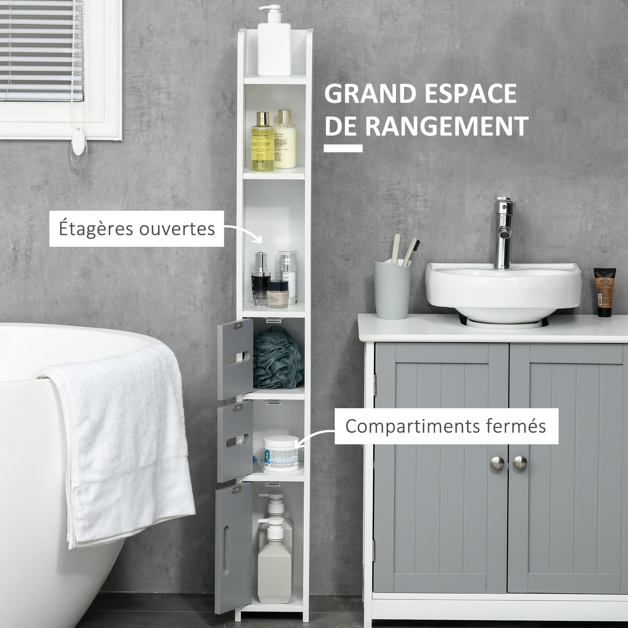 Colonne de salle de bain H. 120 cm - 3 portes, 2 niches, étagère - blanc gris