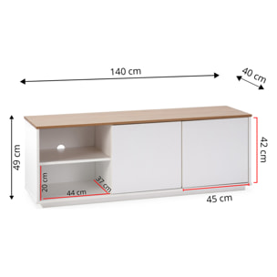 Mueble TV Bob 2 Puertas 2 Huecos Blanco/Roble, Madera Maciza