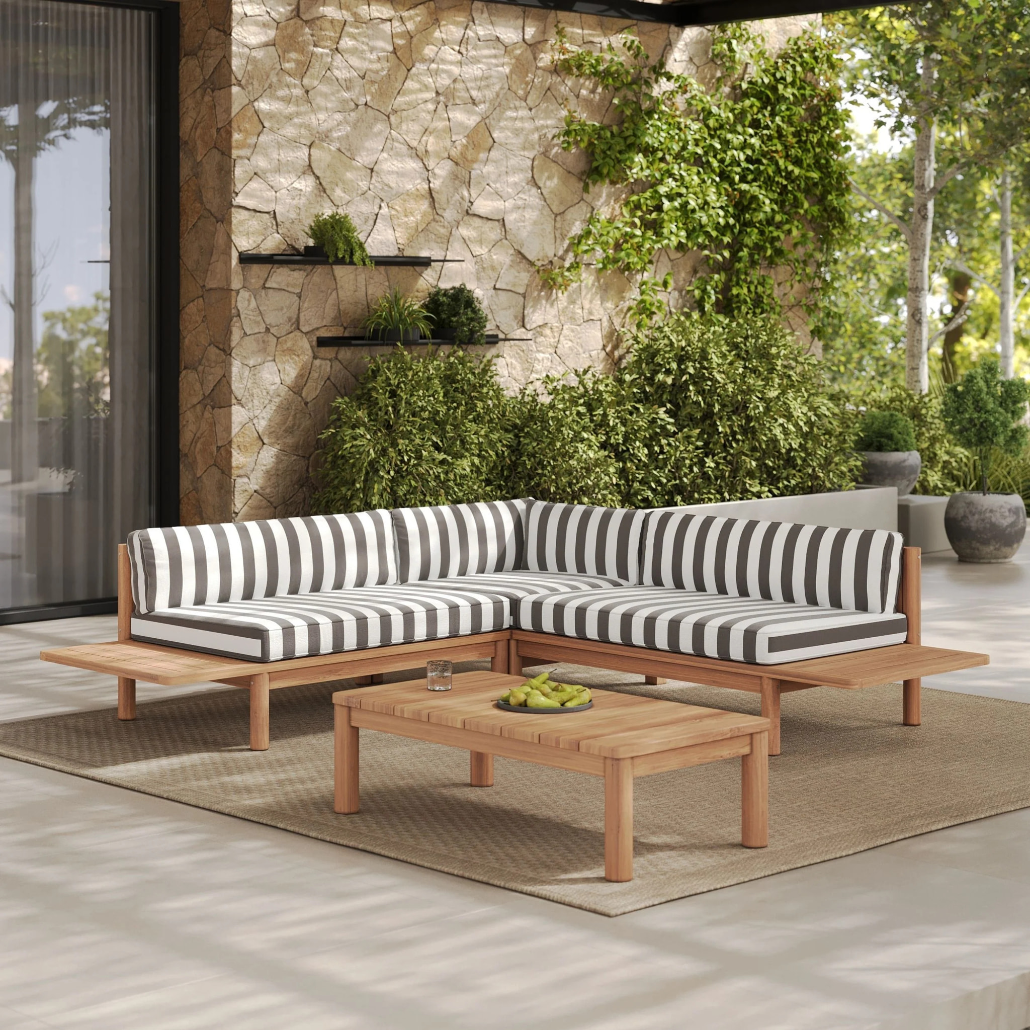 Canapé d'angle de jardin, teck massif et coussins rayés gris 4 places - Nadila