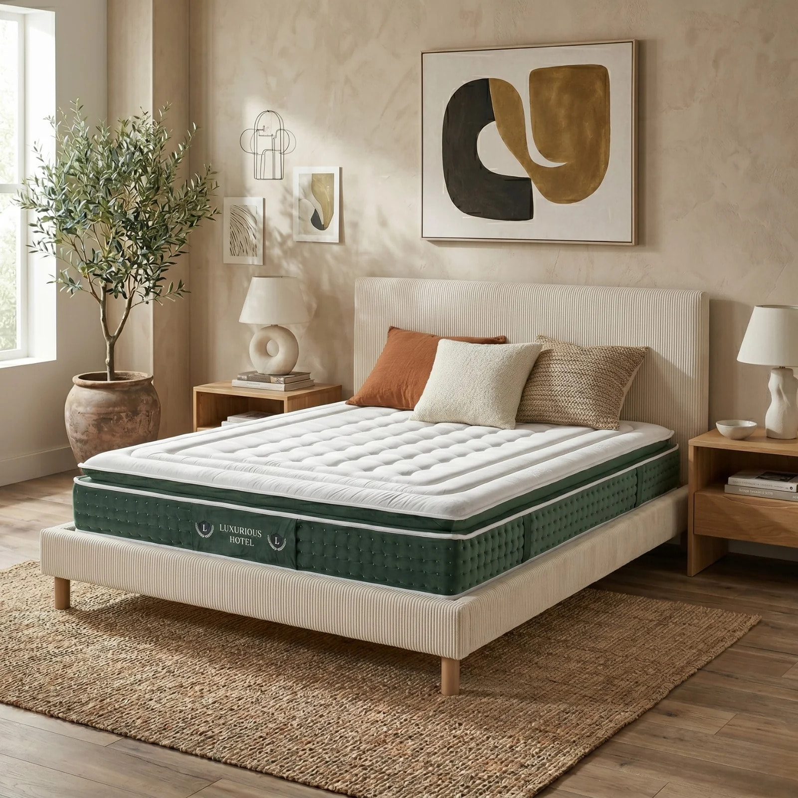 Ensemble matelas Jade & lit fixe Colisée | Mémoire de forme et ressorts ensachés | cadre à lattes | Velours côtelé | Gris clair