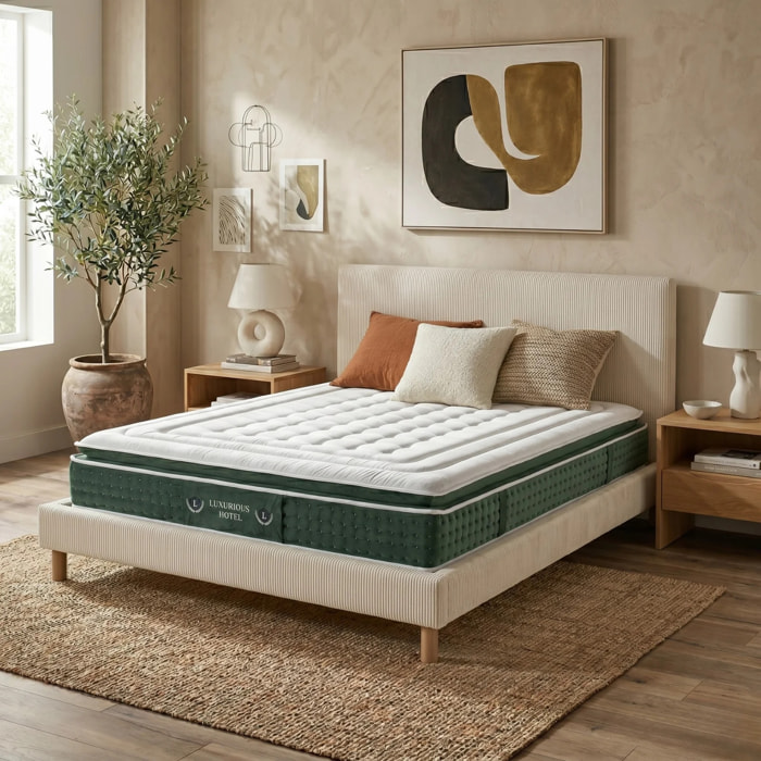 Ensemble matelas Jade & lit fixe Colisée | Mémoire de forme et ressorts ensachés | cadre à lattes | Velours côtelé | Gris clair