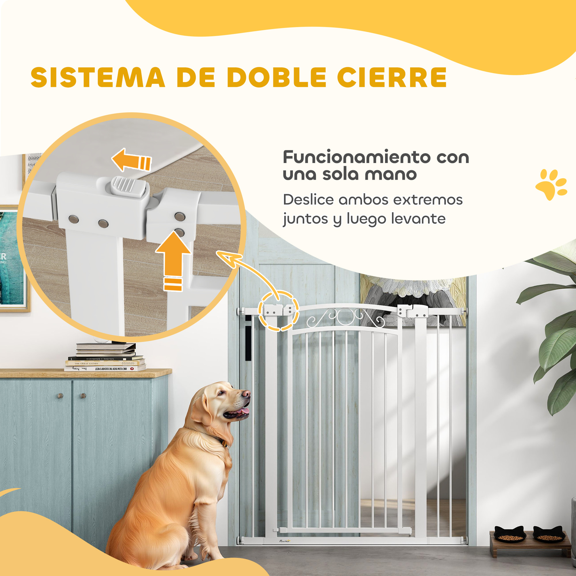 Barrera para Perros Puerta para Perros con Ancho Ajustable 76-104 cm Barrera de Seguridad para Perros con 2 Extensiones y Doble Bloqueo para Escaleras y Puertas Blanco