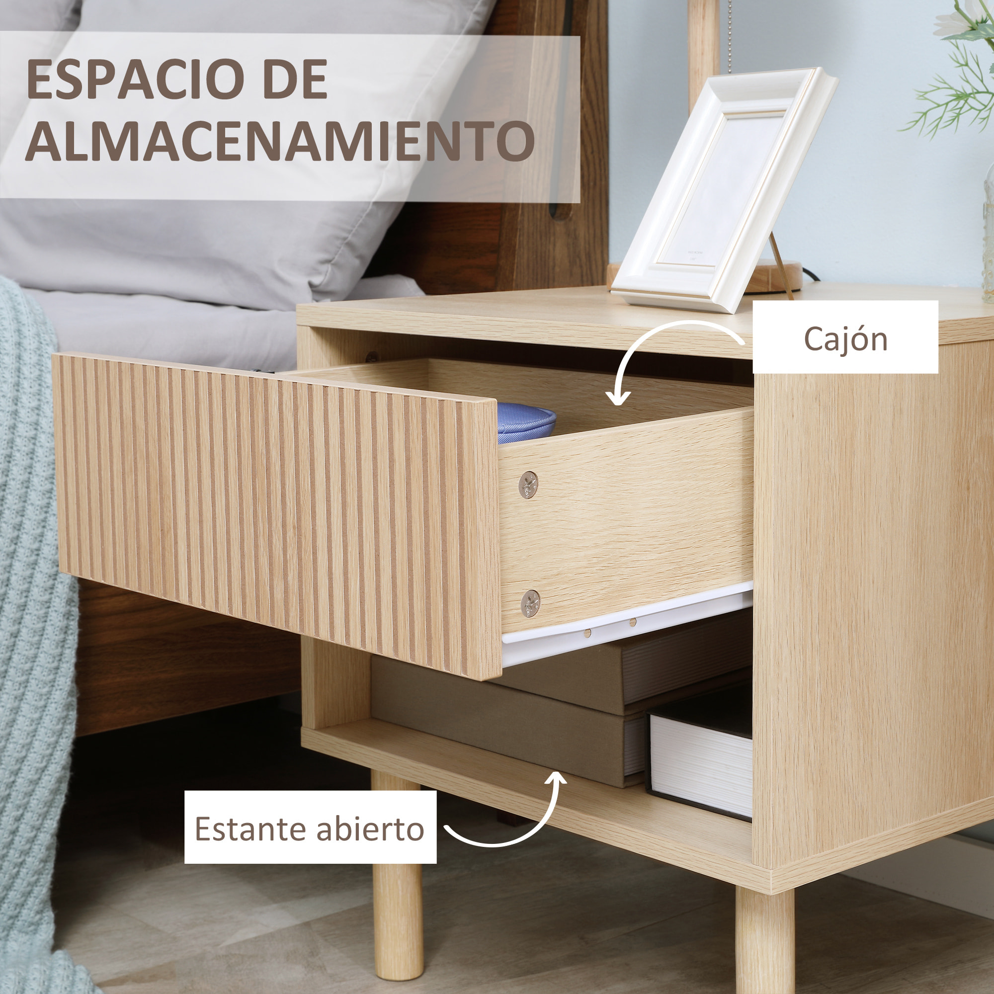 Mesita de Noche, Mesilla de Noche con Cajón y Estante Abierto, Estilo Moderno, Mesita Auxiliar para Dormitorio, Salón, 47x47x50 cm, Madera Natural