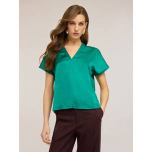 Motivi - T-shirt bimaterica con scollo a V - Verde