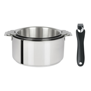Série 3 casseroles inox + 1 poignée amovible noire Cookway Inox  diamètre 16, 18 et 20cm