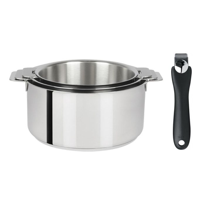 Série 3 casseroles inox + 1 poignée amovible noire Cookway Inox  diamètre 16, 18 et 20cm