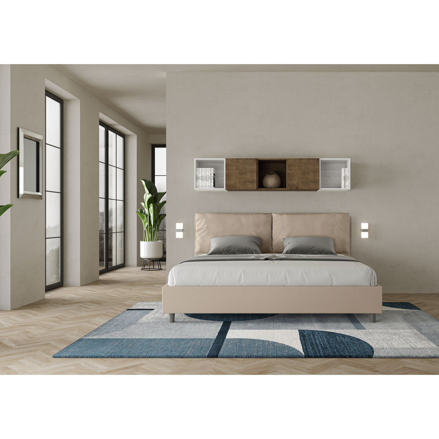 Letto matrimoniale king size con rete imbottito 200x210 similpelle tortora Antea Large