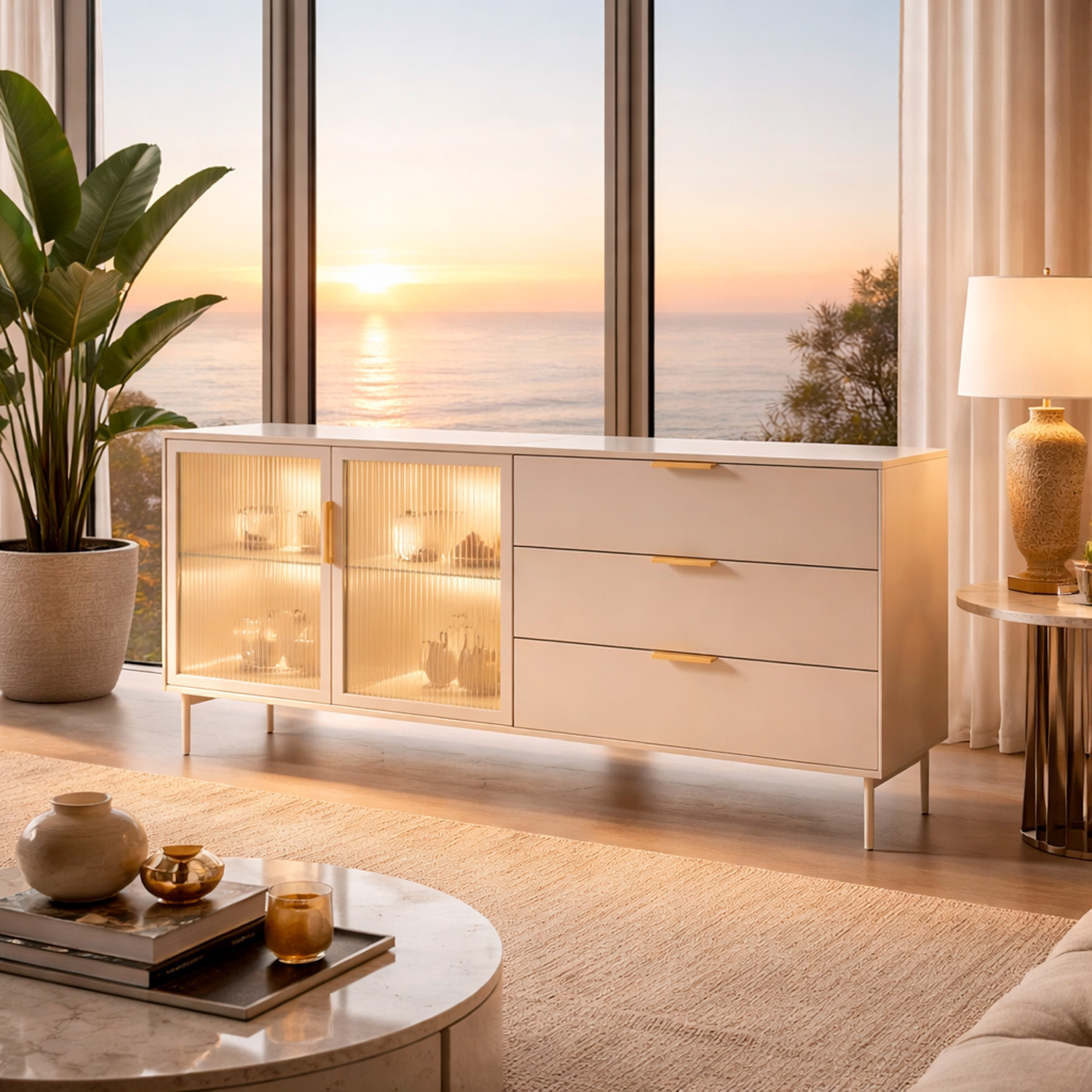 Credenza Madia Con Vetrina Moderna Con Ripiani Interni In Truciolare Melaminico Ideale Per Soggiorno Sala Da Pranzo  181.3 x 39.3 x 82.6 Cm Cashmere
