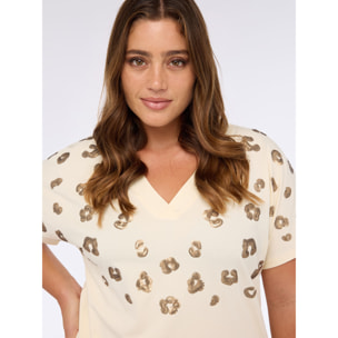Fiorella Rubino - T-shirt in jersey di cotone con paillettes animalier - Beige