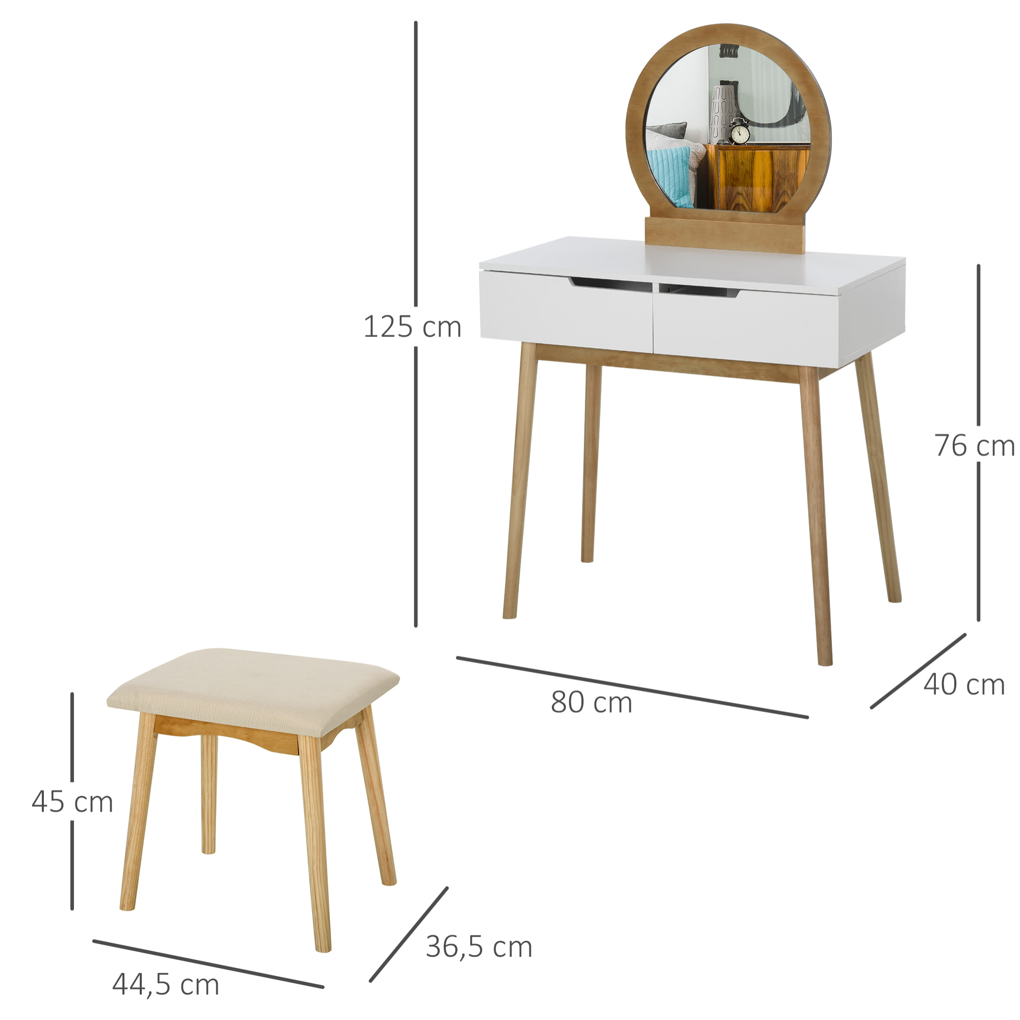 Coiffeuse design scandinave table de maquillage avec miroir, 2 tiroirs et tabouret blanc pin clair