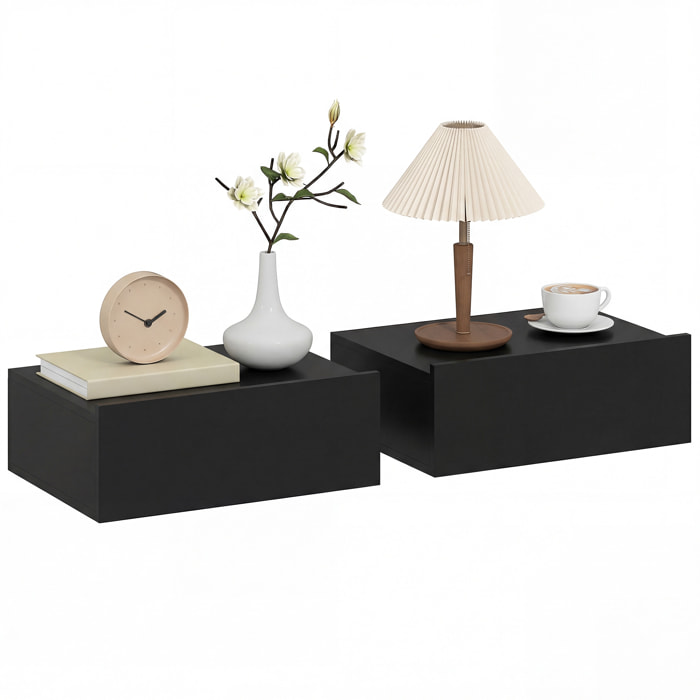 Set de 2 Mesillas de Noche de Pared, Mesitas de Noche Flotantes con 1 Cajón, Mesas Auxiliares para Dormitorio, Habitación Hogar, Diseño Sencillo, 40x30x15 cm, Negro