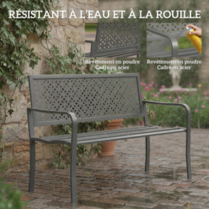 Banc de jardin dossier géométrique - avec accoudoirs - métal époxy - 2 places - gris foncé