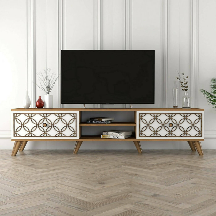 Mobile porta TV Dpietr, Credenza da soggiorno, Armadio basso per TV, Base parete attrezzata, 180x35h44 cm, Noce e Bianco