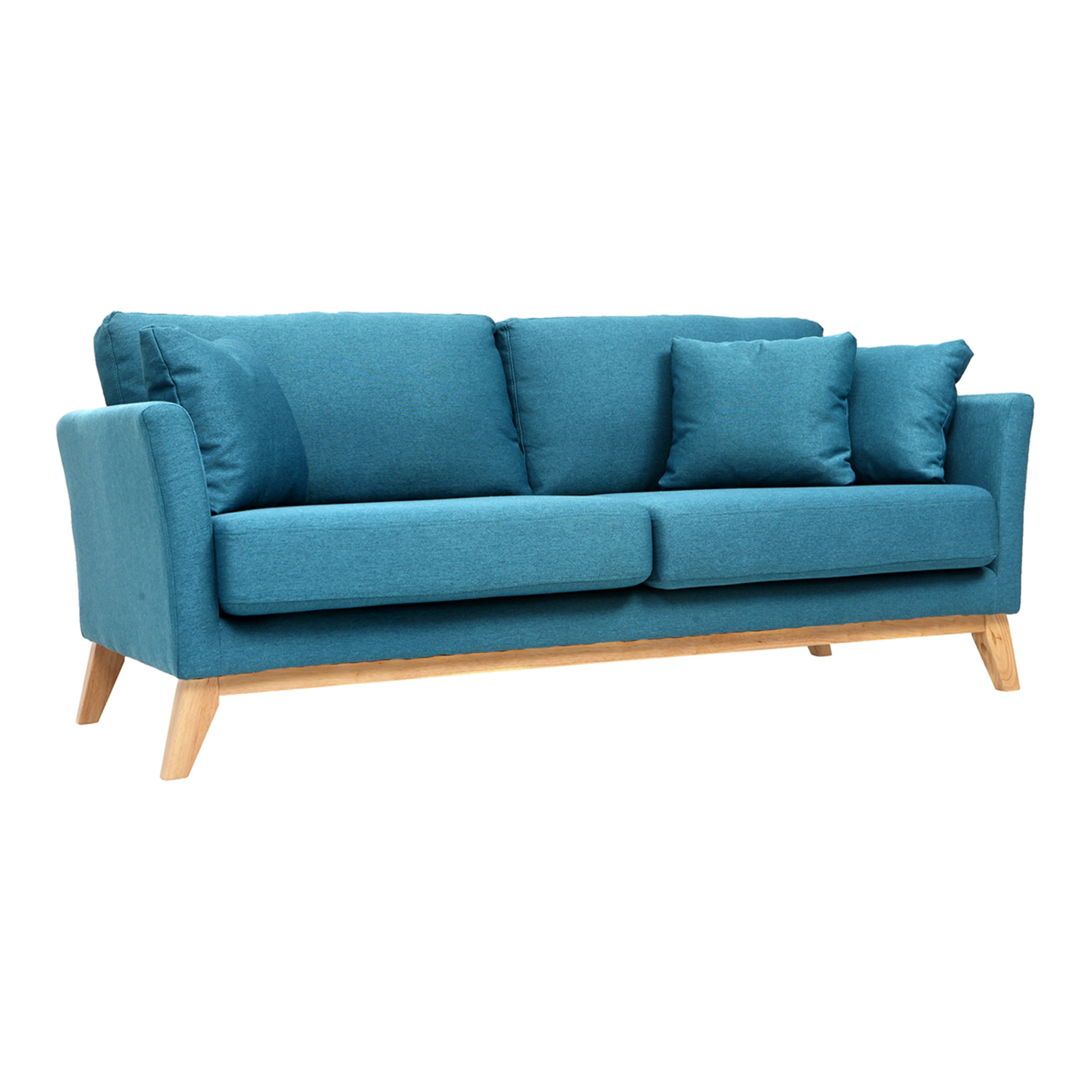 Canapé scandinave déhoussable 3 places en tissu bleu canard et bois clair OSLO