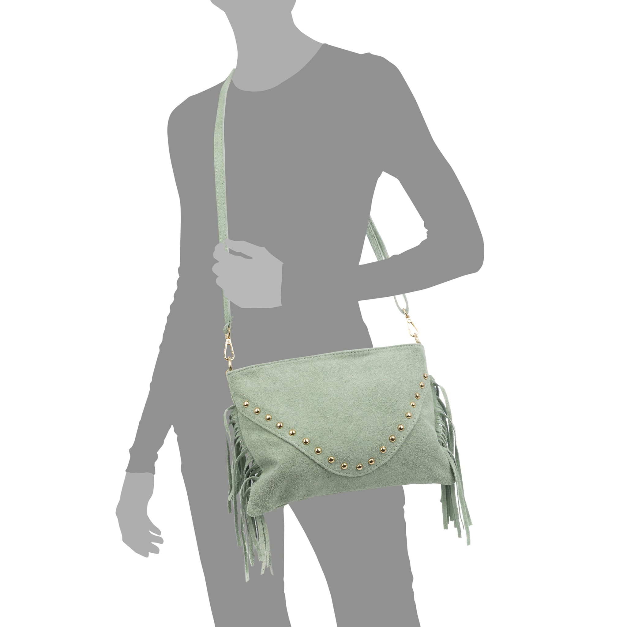 Bellegra Bolso de hombro Mujer. Piel auténtica Gamuza con detalles metálicos.