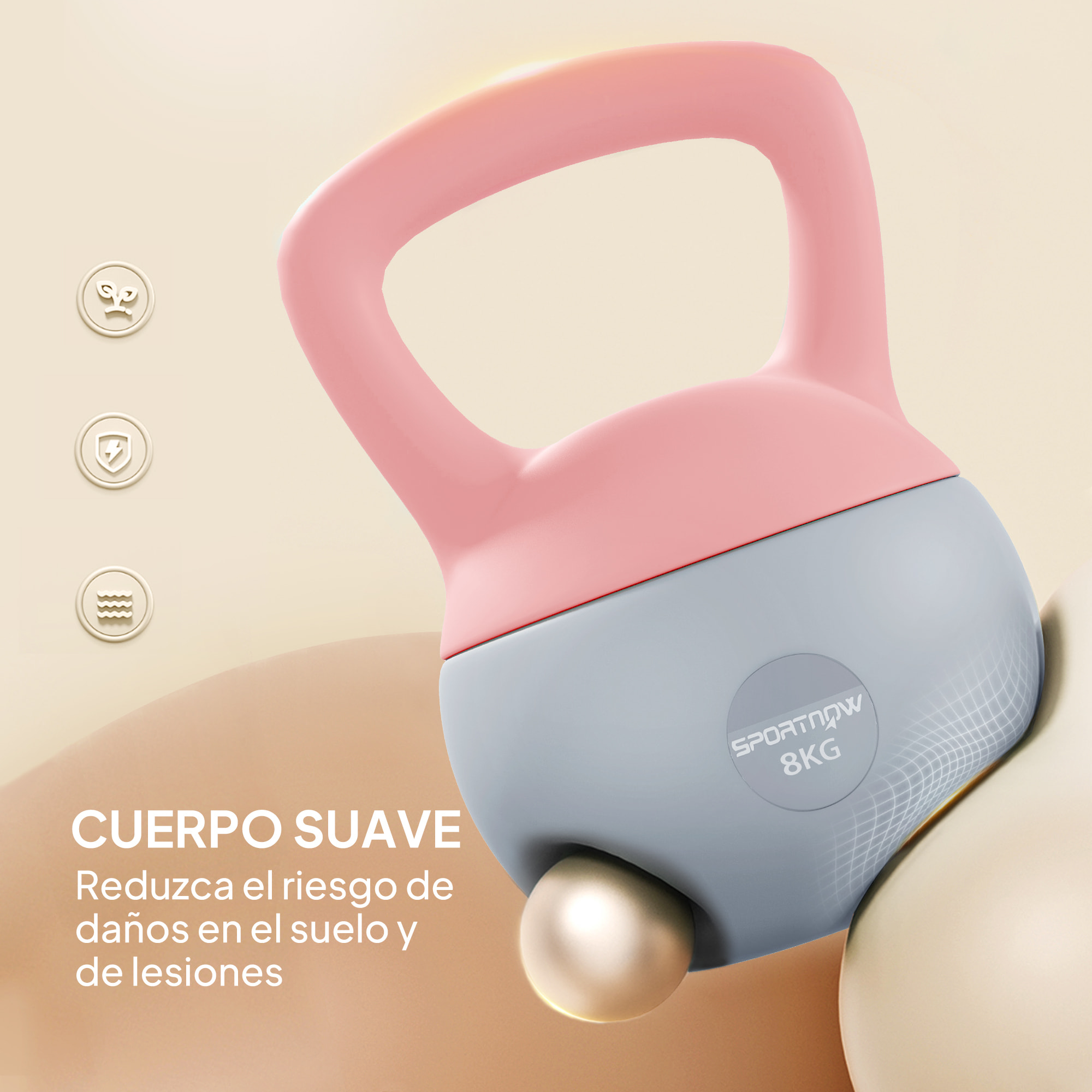 Pesa Rusa 8 kg, Soft Kettlebell Relleno de Arena Metálica y Mango Antideslizante, para Entrenamiento Culturismo en Casa, Gimnasio, Rosa Palo y Gris