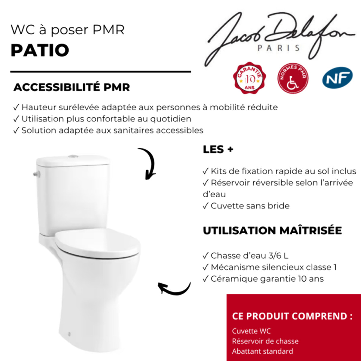WC à poser sans bride surélevé PMR sortie horizontale Patio avec abattant